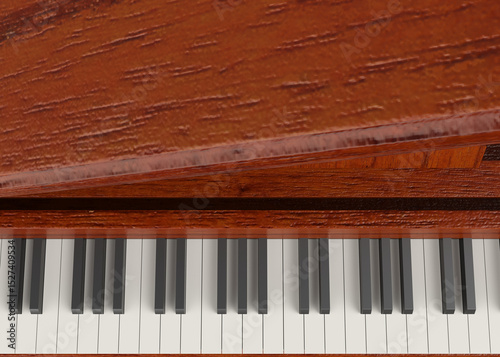 Highly detailed 3D rendered close-up view of a wooden grand piano, focusing on the polished surface and the black and white keys. Rich wood texture and realistic lighting add depth and elegance.