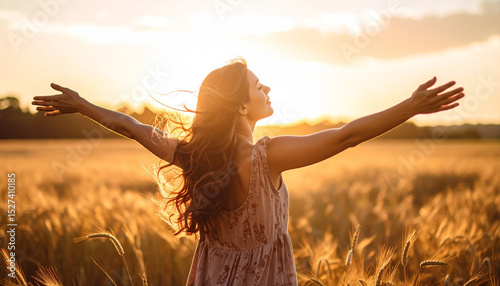 woman standing in field with eyes closed, arms open to sky