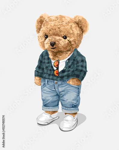 cute bear doll in plaid shirt and blue jeans vector illustration hand drawn - not auto trace