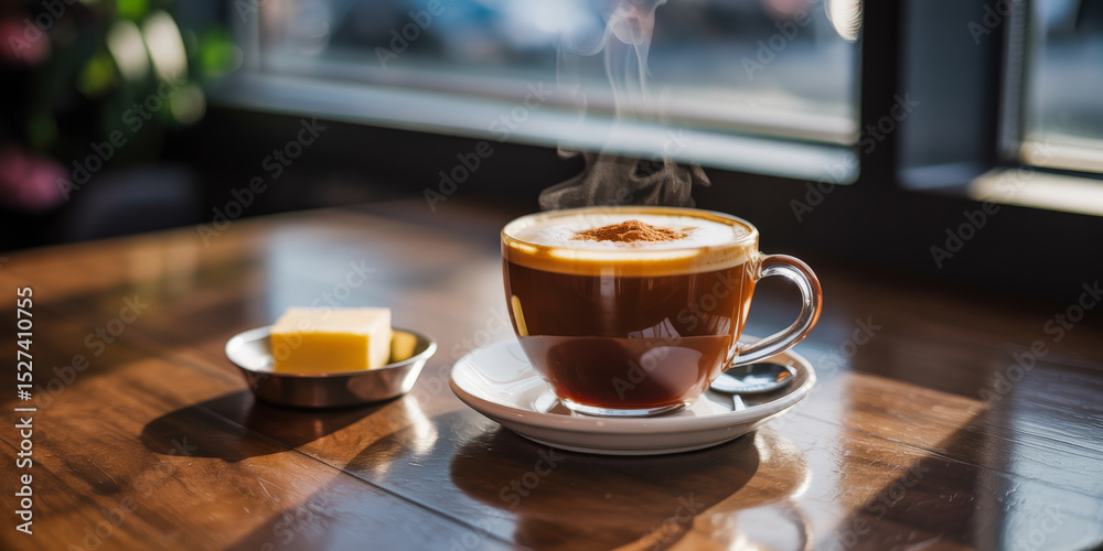 Fototapeta premium a cup of coffee on a table with a spoon