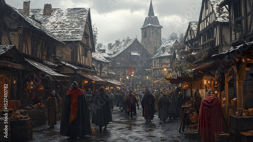 bustling medieval marketplace with wooden stalls, townsfolk, and snowy atmosphere