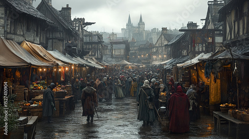 bustling medieval marketplace with wooden stalls, townsfolk, and moody atmosphere