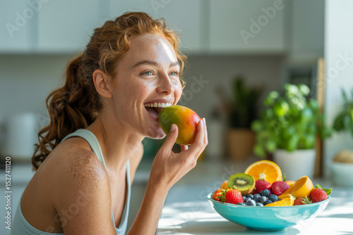 a woman eating fruit