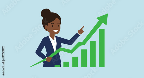 Businesswoman presenting positive financial growth with upward trending graph