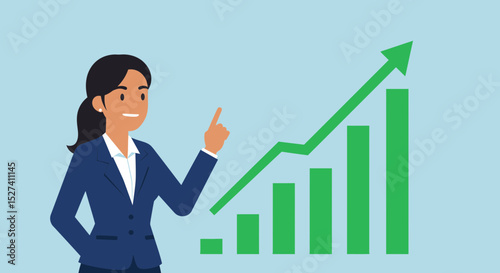 Businesswoman presenting growth chart pointing upwards, successful presentation