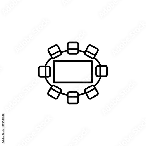 Meeting Room Icon: Round Table and Chairs, Conference, Minimalist Outline Style for Business Collaboration and Teamwork Discussions