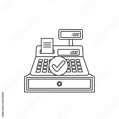Approved Transaction: Line Art Illustration of a Cash Register with Check Mark for Payment Confirmation, Financial Success.
