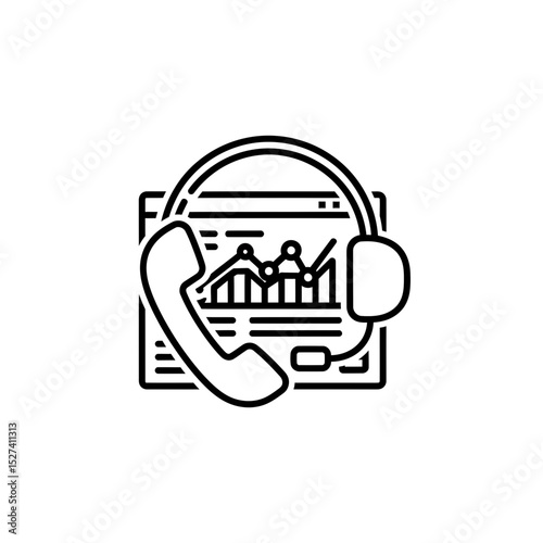 Line Icon of Customer Service Analytics, illustrating call center data analysis and support, showcasing insights into customer engagement and telephone assistance.
