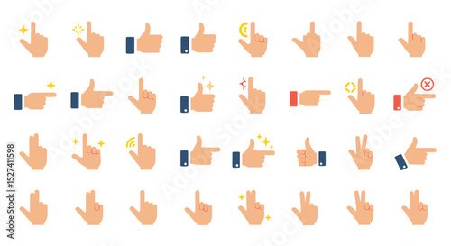 Vector illustration of various hand gestures, pointing, clicking, thumbs up and hand signals