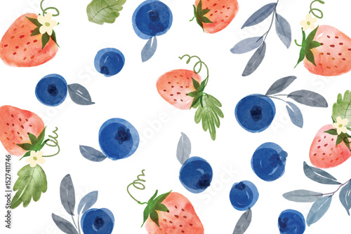 Berries watercolor art pattern frame background. Sweet strawberry in frame. Vector illustration. blueberry and strawberry pattern. Fruit berry background. Summer fruit texture