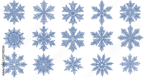 Elegant assorted blue snowflake patterns on a crisp white backdrop, winter themed design