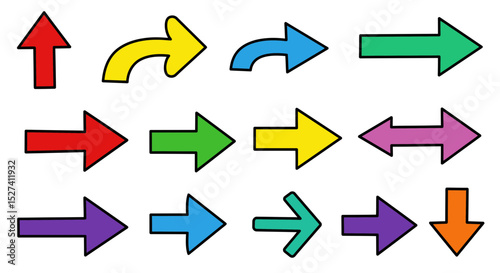 Collection of hand drawn colorful arrow vector design pointing directions illustration