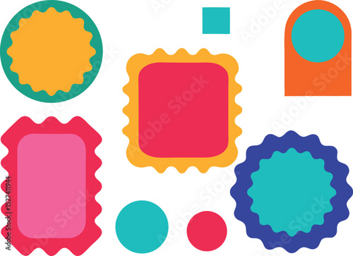 Stickers set in rectangle, circle, oval and arc shapes. Vector illustration on transparent background