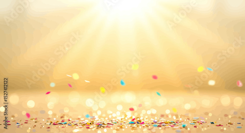 Golden celebration background with falling confetti and bright sunlight effect
