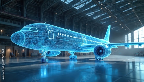 Illustration AI-enabled airplane in modern aircraft hangar. Digital blueprint, neon blue lines, futuristic tech concept for innovation in aviation, air travel, aerospace. Smart, automated passenger