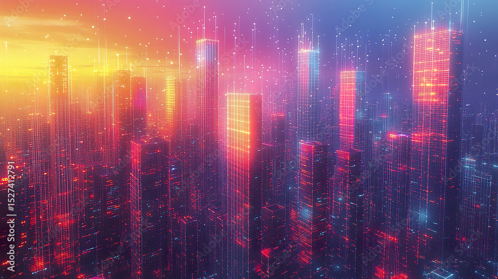 Obraz premium vibrant digital skyline with glowing skyscrapers and abstract patterns dusk evokes futuristic