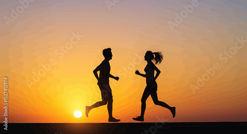 Silhouetted couple running together into vibrant sunset embodying health