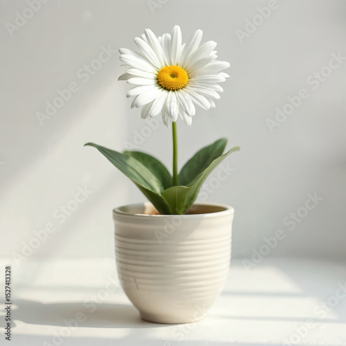 Wallpaper Mural White daisy flower in pot. Green leaves, yellow centre. Potted daisy stands on white table near window. Floral plant, home decor, nature, fresh bloom. Sunlight, shadow create beauty. Torontodigital.ca