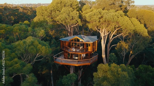 Tree house with extended platform used as lookout above dense treetops