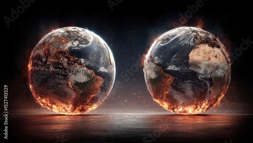 Fototapeta Naklejka Na Ścianę i Meble -  Two fiery Earth globes, burning