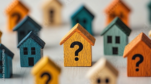 Miniature house icons with question marks, representing the challenge of choosing the right house for future living.
