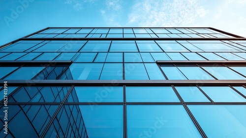 Minimalist office building with vertical glass windows and metal accents, sleek urban design concept