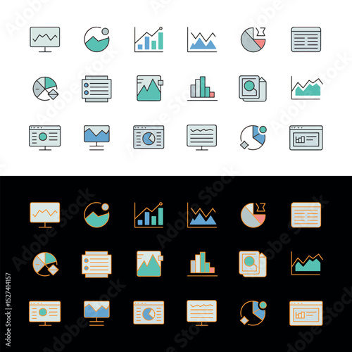 Data analytics vector icon set. Infographic vector icons of charts, graphs, analysis, reports, growth, trends, statistics etc.