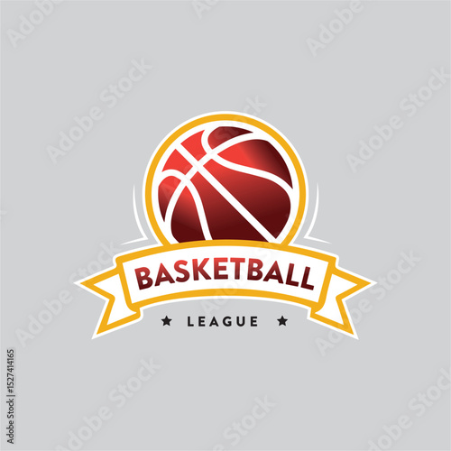 Basketball championship vector logo, orange blue elegant colorful basket ball team logo with stars and badge