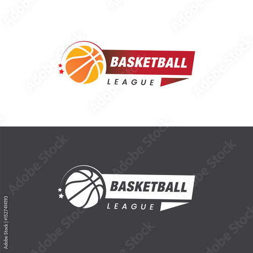 Basketball championship vector logo, orange blue elegant colorful basket ball team logo with stars and badge