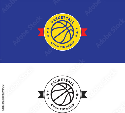 Basketball championship vector logo, orange blue elegant colorful basket ball team logo with stars and badge