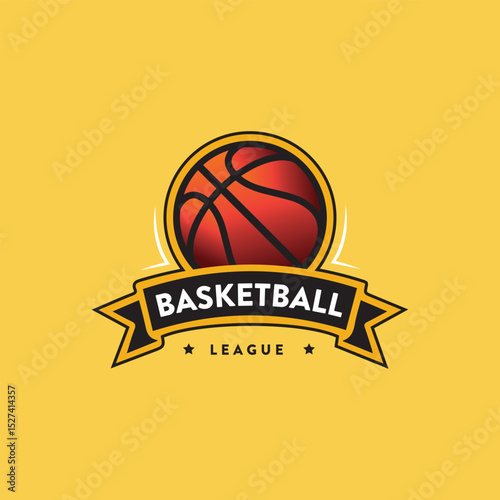 Basketball championship vector logo, orange blue elegant colorful basket ball team logo with stars and badge