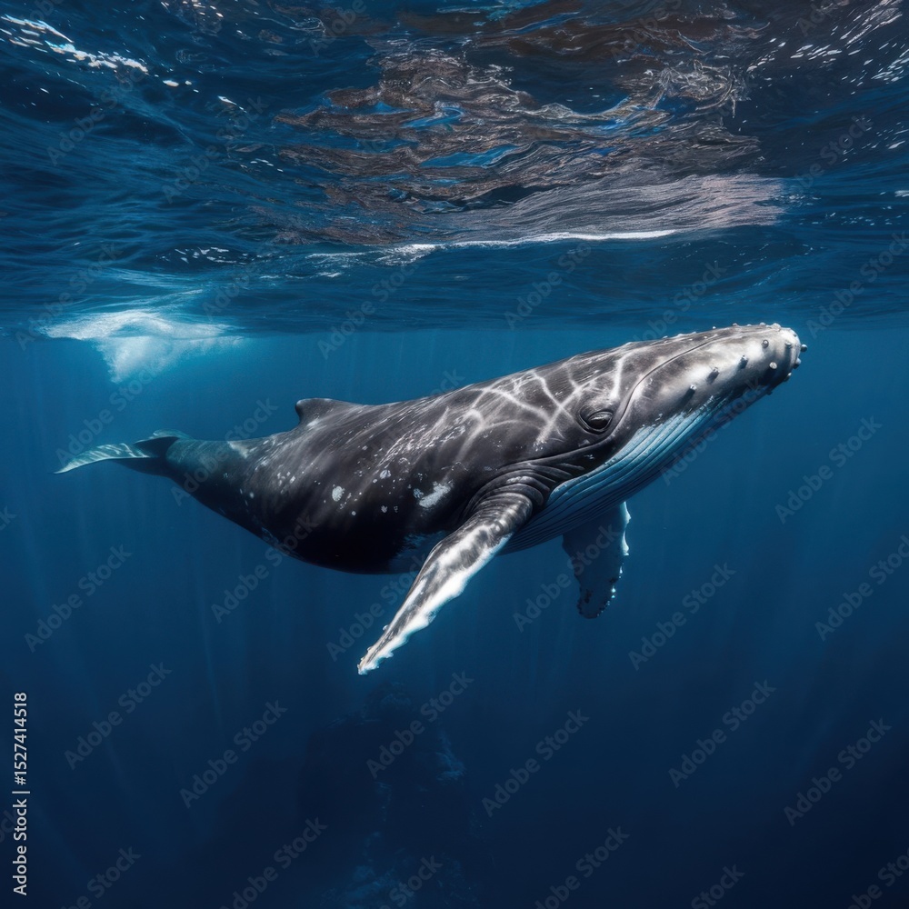Fototapeta premium A humpback whale gracefully swimming in the deep blue ocean with sunlight filtering from the surface above