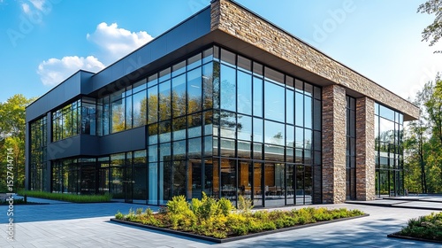 Modern commercial building with large windows and stone facade, professional urban office exterior