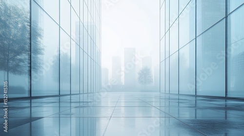 Modern glass office building exterior with empty pavement, minimalistic urban landscape