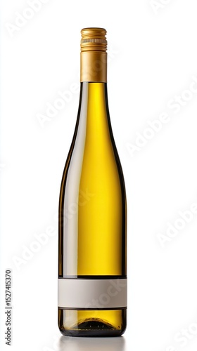 A sleek, elegant bottle of white wine with a minimalist design, showcasing the vibrant golden liquid inside. Perfect for wine enthusiasts and collectors.