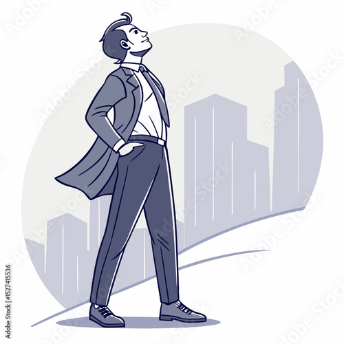 Businessman Looking Upward in Cityscape