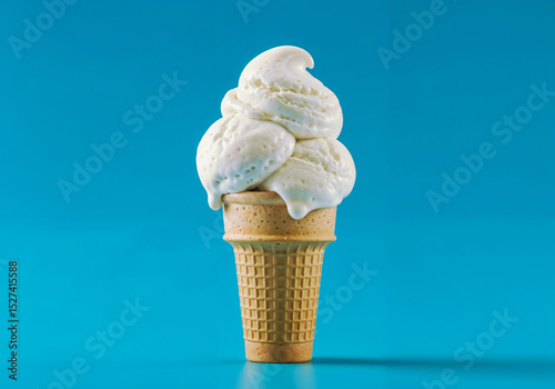Vanilla ice cream melts atop a waffle cone against a vibrant light blue backdrop It is sweet