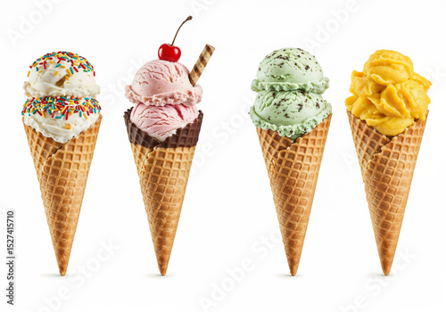 Variety of ice cream cones displays assorted flavors and toppings on white simple background