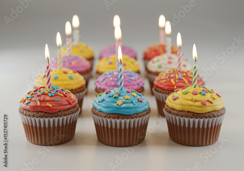 Colorful cupcakes display vibrant frosting and lit candles it is a birthday celebration