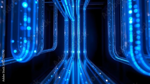 Bright blue glowing lines form a futuristic wave pattern, illustrating digital energy and motion against a dark, abstract background
