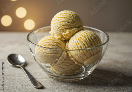 Vanilla ice cream scoops sit in clear bowl near a spoon ready to eat treat