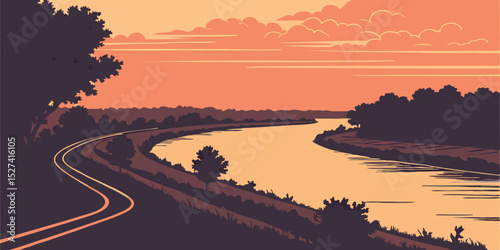 Картината върху платно Sunset River Landscape with Winding Road