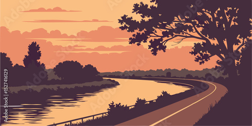 Sunset River Landscape with Road