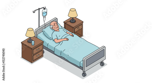 Senior man in hospital bed with iv drip in medical care setting vector illustration