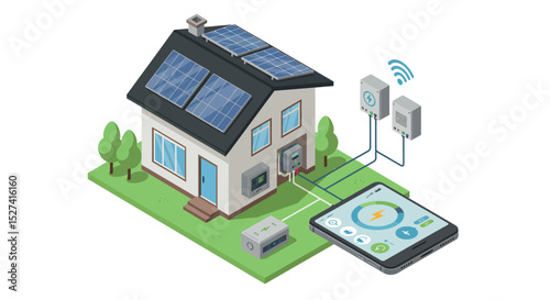 Solar powered smart home automation with smartphone control for sustainable living vector illustration