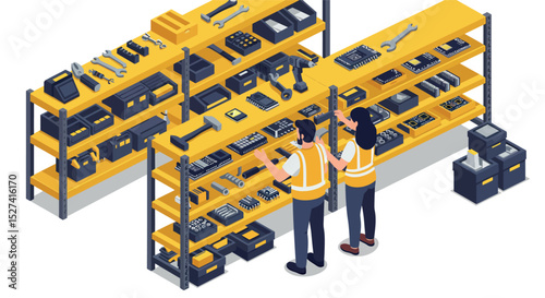 Team inspecting auto parts and tools in mechanical workshop storage vector illustration