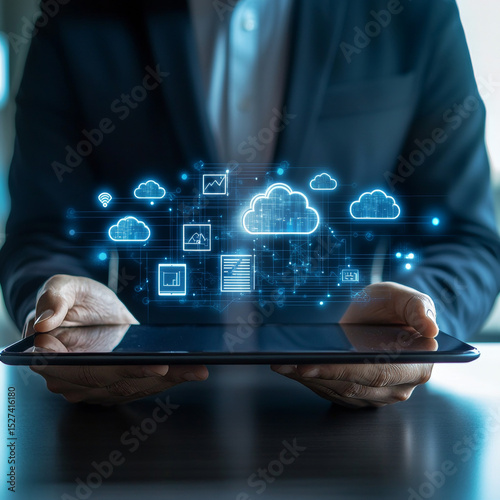 Businessman using tablet analyzing cloud computing solutions for businesses, data storage, security protocols, software applications, resource management trends, cost efficiency measures.