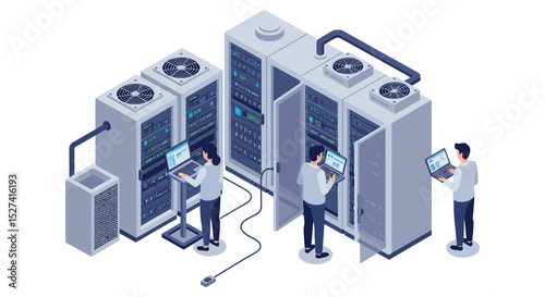 Modern data center with technicians managing servers and equipment vector illustration