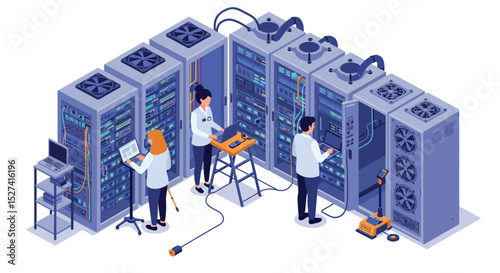 Technology experts managing server room operations and maintenance vector illustration