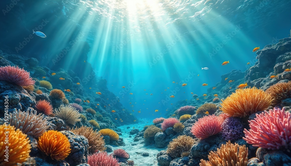 Naklejka premium Vibrant coral reef scene under the sea with sunlight rays. Colorful coral, diverse fish species. Aquatic life in tropical water. Marine ecosystem scenery.